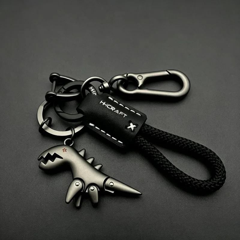 Cool Black Dinosaur Keychain with Movable Joints, Braided Rope Car Key Holder, Streetwear Metal Charm Key Ring for Men & Boys