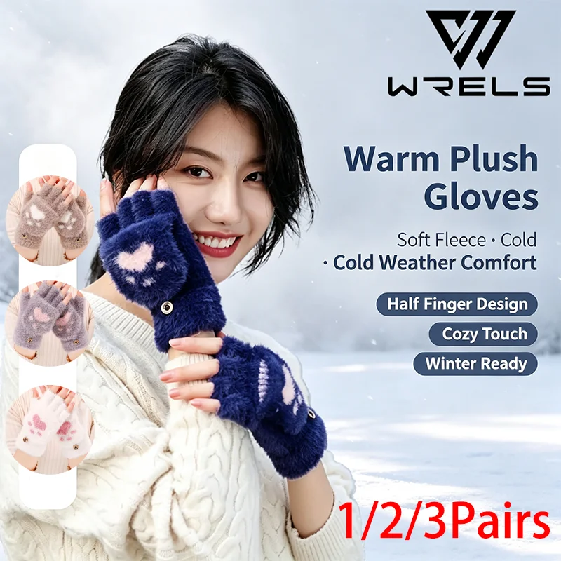 1/2/3Pairs Cute Half Finger Gloves Winter Thicken Cat Claw Paw Plush Writing Mittens Elastic Windproof Cycling Outdoor Gloves