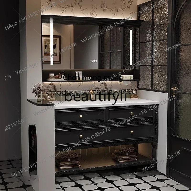 

CC Vintage Oak Bathroom Cabinet Set with Rock Slab Curved Ceramic Integrated Washbasin and Vanity