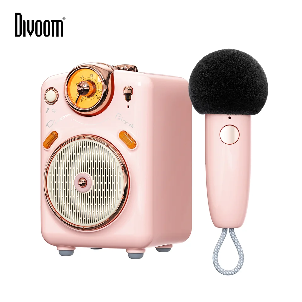 Divoom ピンク Bluetooth　ワイヤレススピーカー Divoom-マイク付きBluetoothスピーカー,カラオケ機能,音声変更,FM
