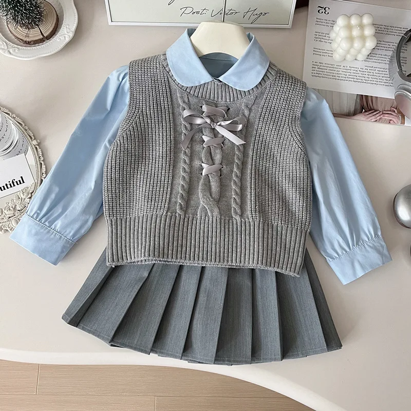 Girls Small and Older Children College Style Suit Skirt Spring and Autumn2024New Western Style Girls' Sweater Vest Pleated Skirt