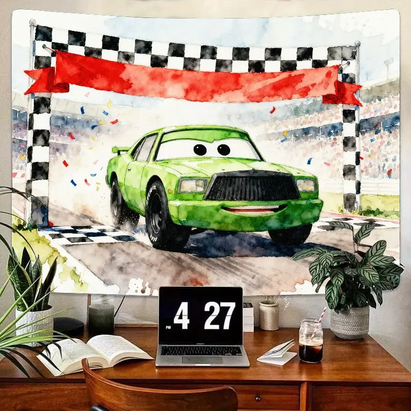 

1PC Vibrant Green Cartoon Racing Car Tapestry Watercolor Race Track Wall Art for Kids Boys Room Game Room Decor Gift Polyester