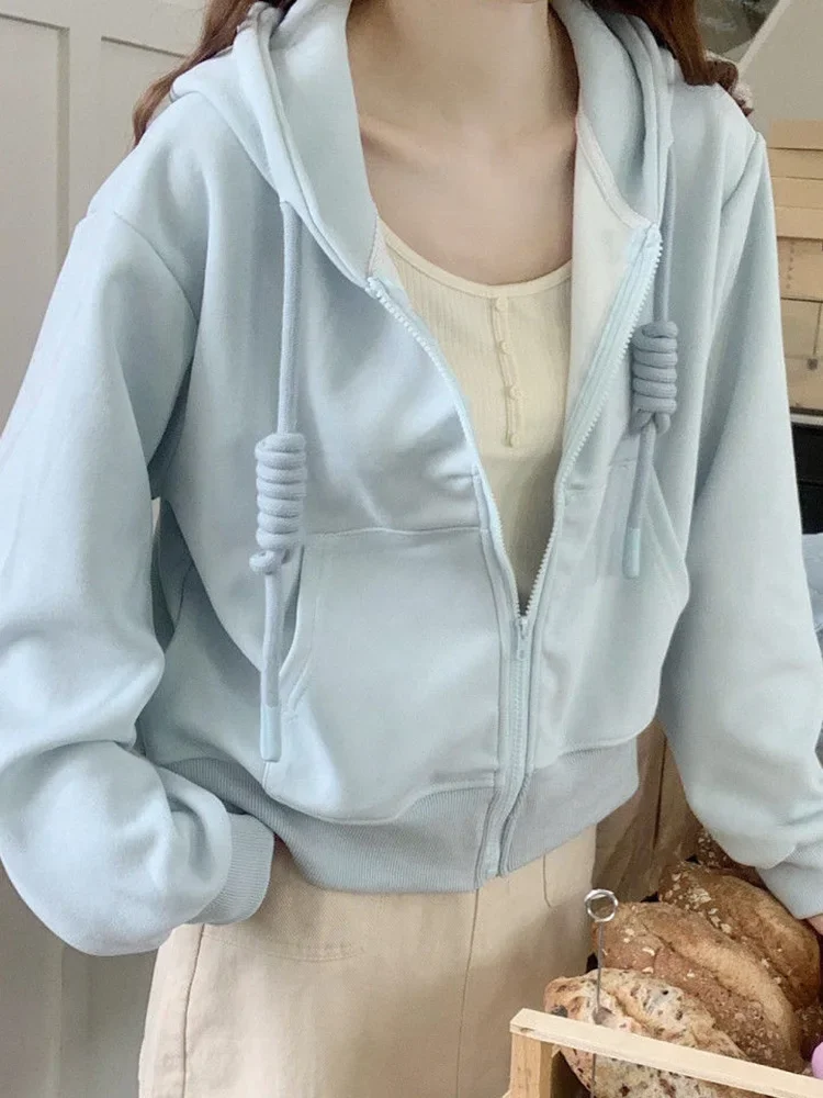 甘いプレッピースタイルブルーパーカー女性カジュアルかわいい長袖ショートスウェットシャツヴィンテージポケットレースアップ韓国アウタートップス新しい