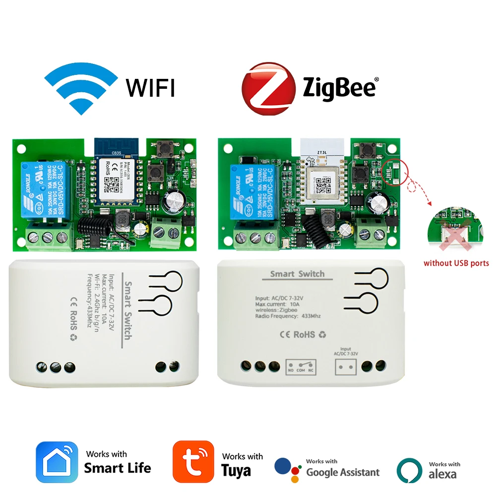 

1 канал Zigbee/WIFI Tuya умное реле 12 В 24 В 110 В 220 В сухой контакт NO/NC/COM модуль удаленный переключатель для света/двигателя, Alexa Work