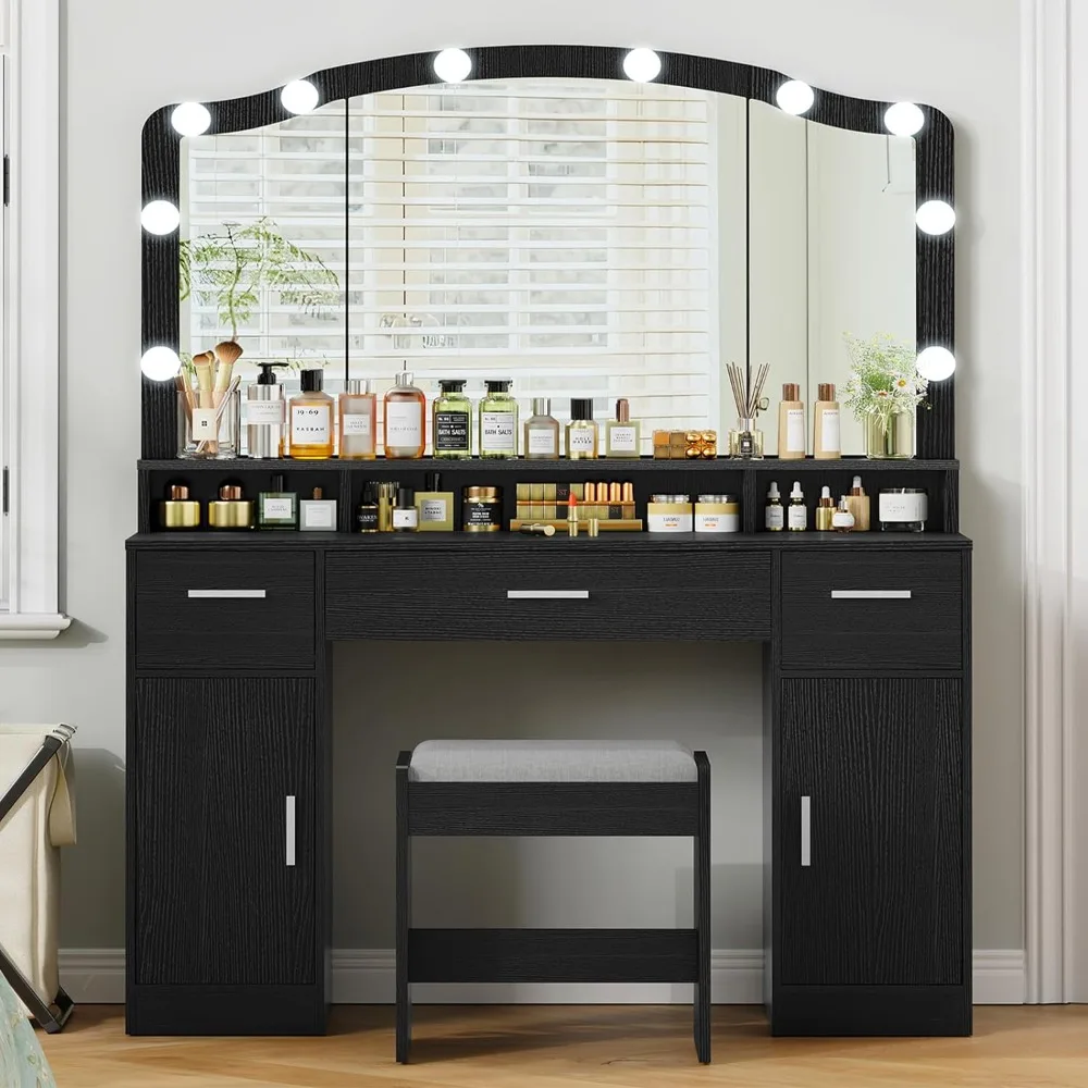 usikey Makeup Vanity with Lights, Vanity Desk, Makeup Vanity Table with 3 Drawers, 2 Cabinets & Long Storage Shelf