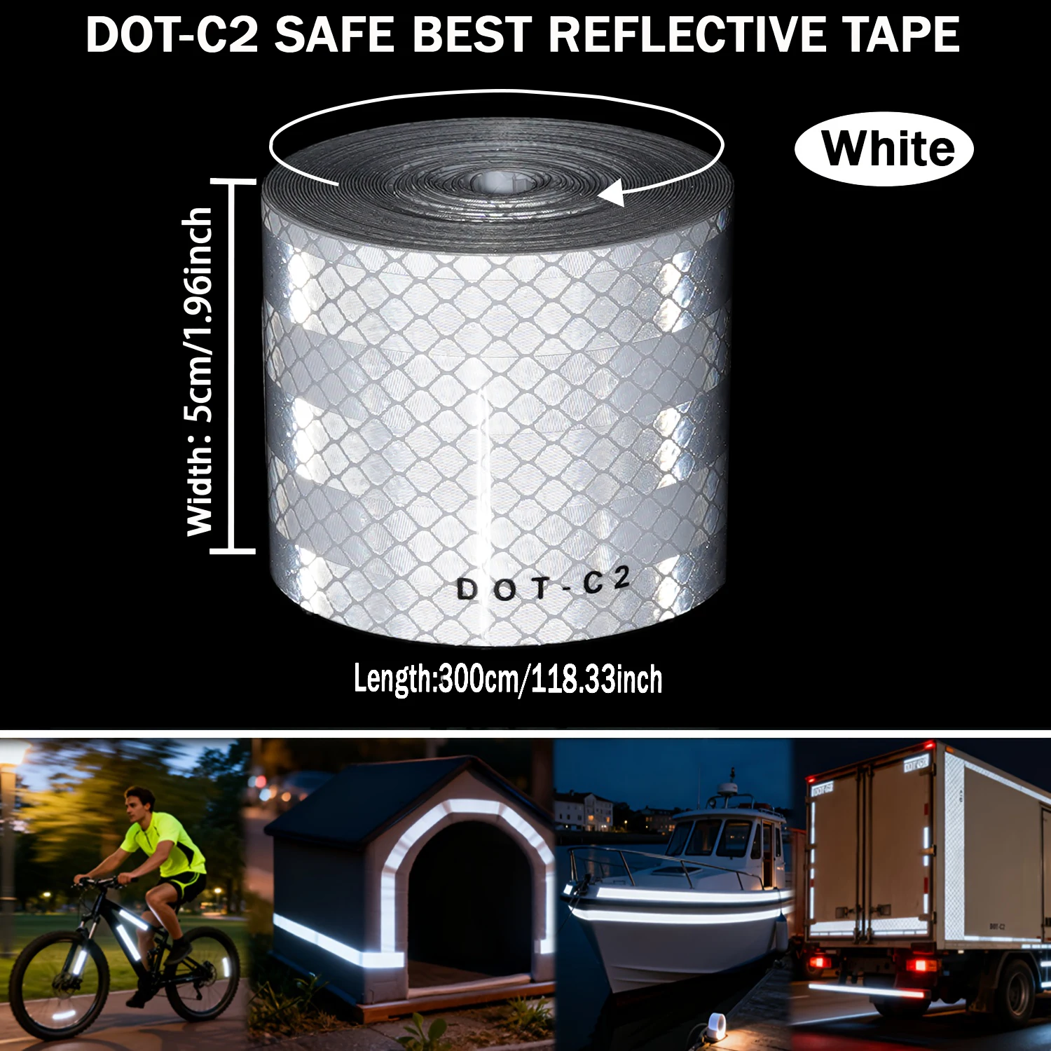 1Roll DOT-C2 White 118.11 Inches Reflective Warning Tape - High-strength Self-adhesive, Suitable for Automotive and Motorcycle