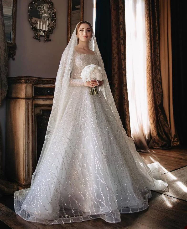 Vestido de novia de línea a Simple para mujer, vestido de novia de lentejuelas, mangas largas, falda de cuello cuadrado, vestidos de tren de barrido