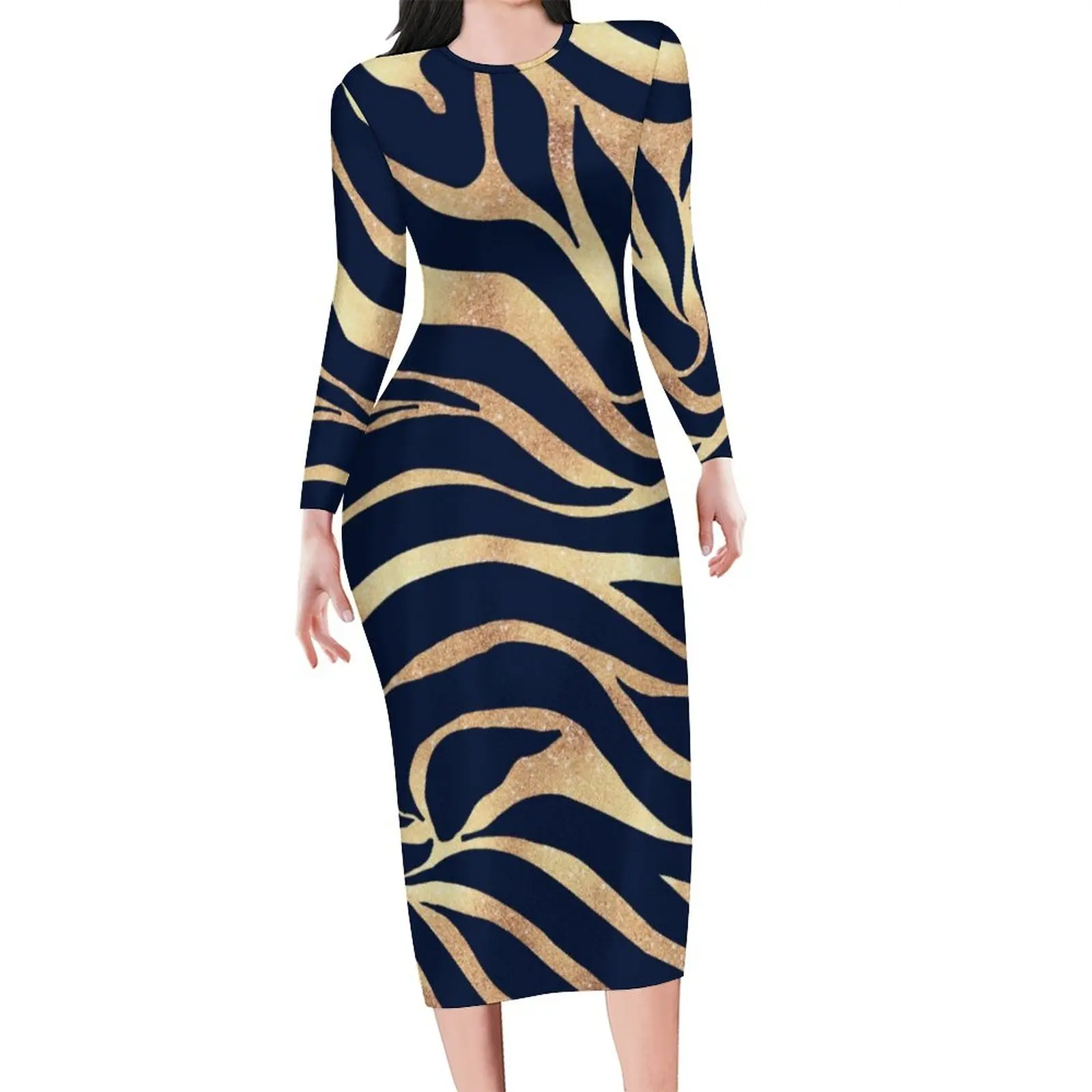 

Blue Gold Zebra Bodycon Dress Womens Animal Print Pretty Dresses Spring Long Sleeve Street Wear Custom Dress 3XL 4XL 5XL