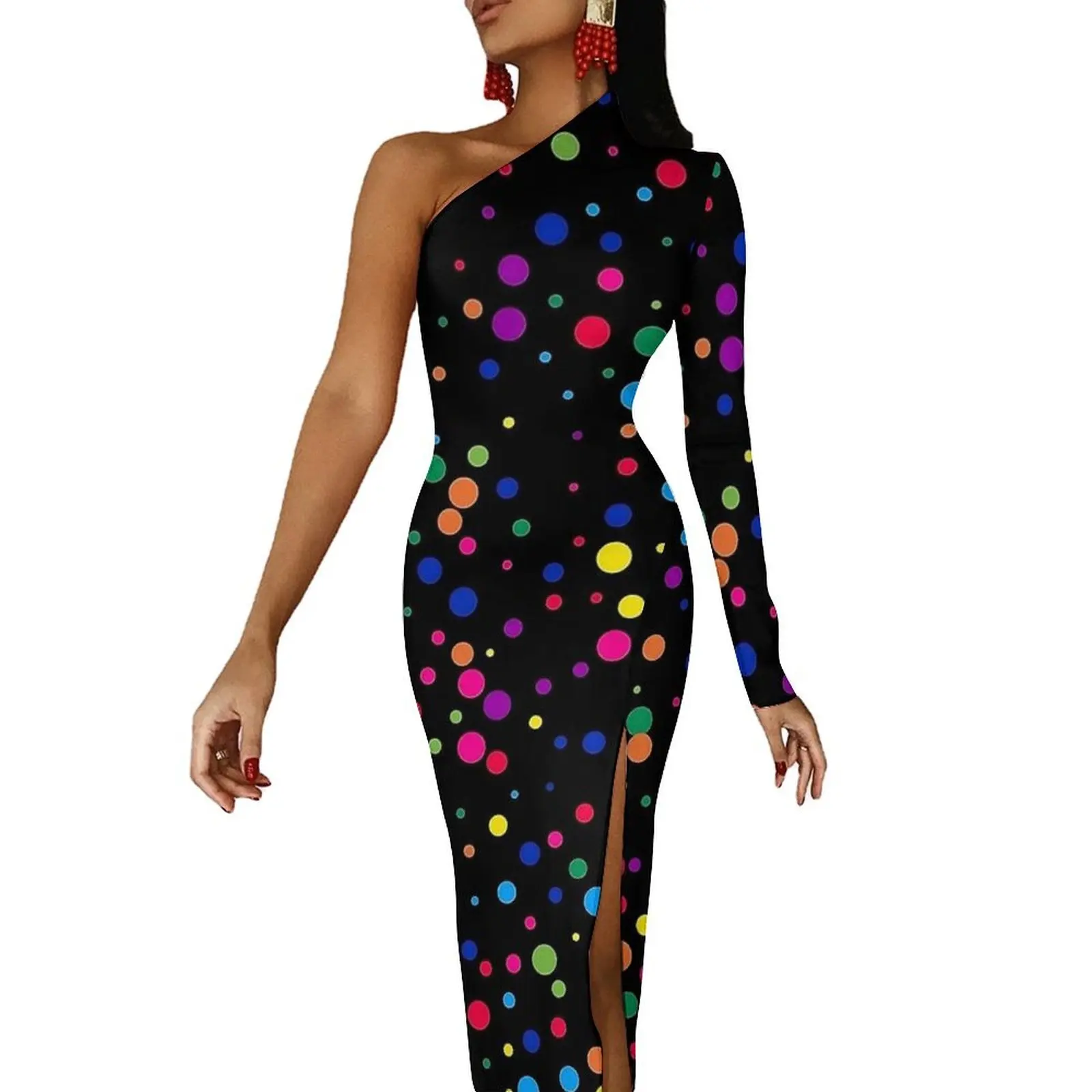 Abito lungo con stampa a pois colorati Abito lungo da festa da donna Autunno Abiti eleganti aderenti Vestido grafico con spacco alto