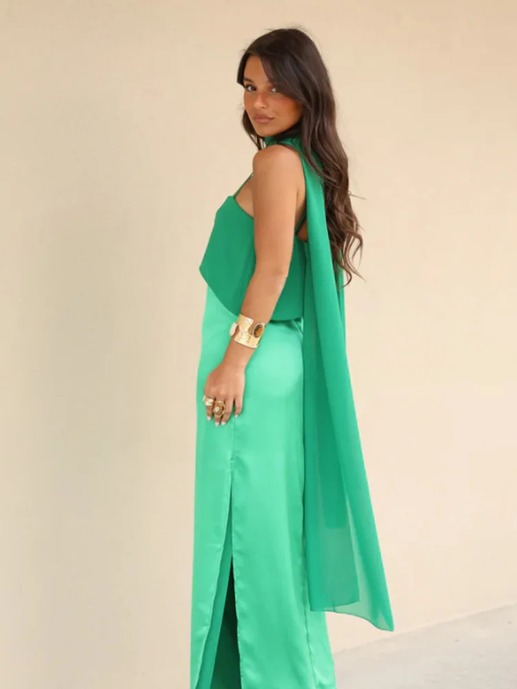 Modisches Kontrast-Sling-Kleid für Damen mit Quadratischem Ausschnitt, Ärmellos, Hoher Taille, Schlankes Maxikleid mit Schal, Sommer 2026, Party-Robe – Detail 3