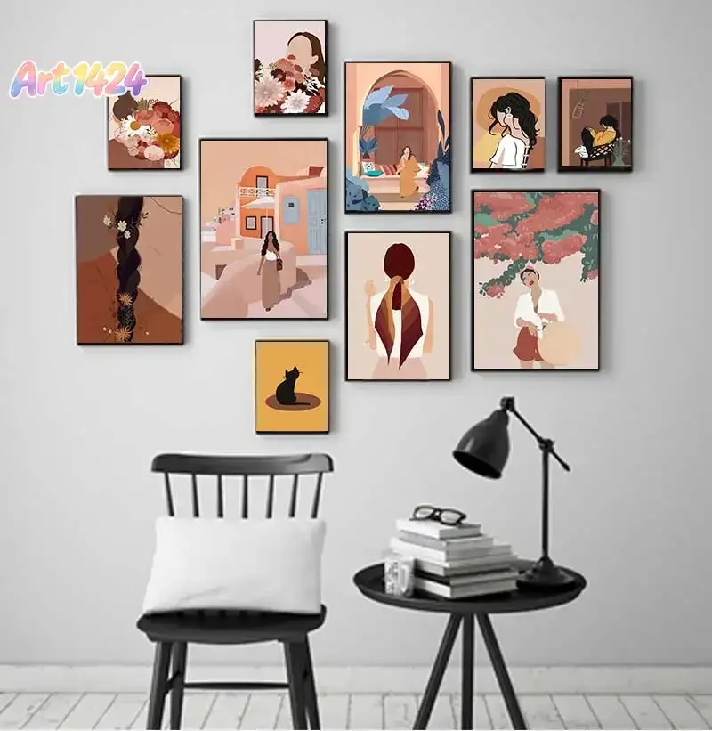Peinture sur toile sans cadre, illustration de femme élégante, fleur, art moderne, affiches et imprimés nordiques, tableau mural, 1 pièce