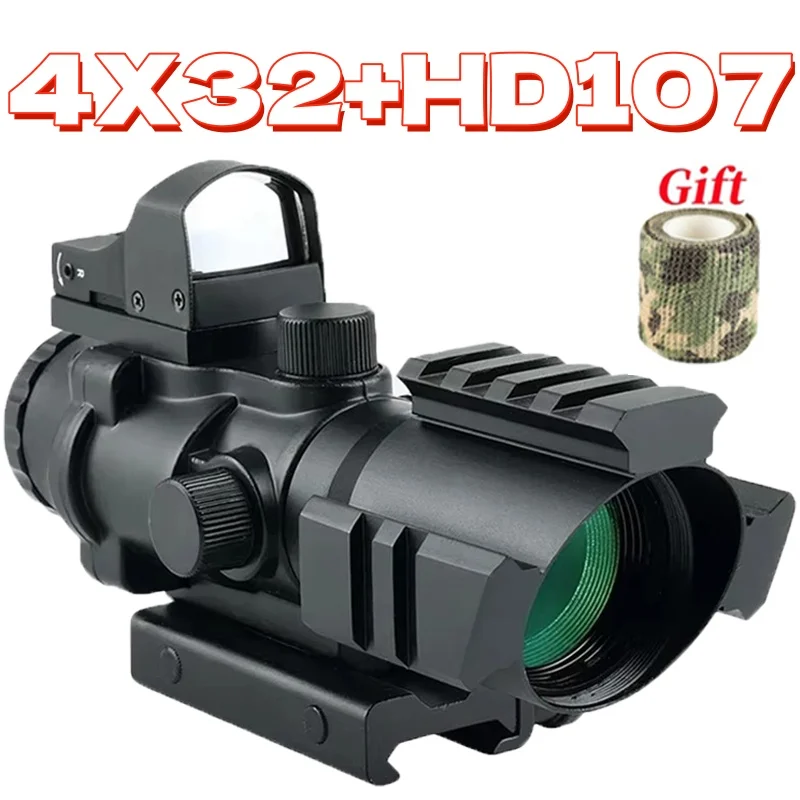 4x32 with HD107 Red Dot Sight Red Optic Collimator Tactical Glass Outdoor Shooting Hunting Airsoft Scope for 20mm Weaver Rail