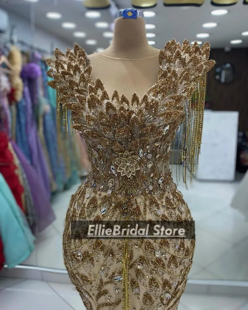 Arabic Dubai Evening Dresses Woman Elegant Crystal Tassel Wedding Party Dress Sheer Neck Mermaid Prom Gowns Customized
