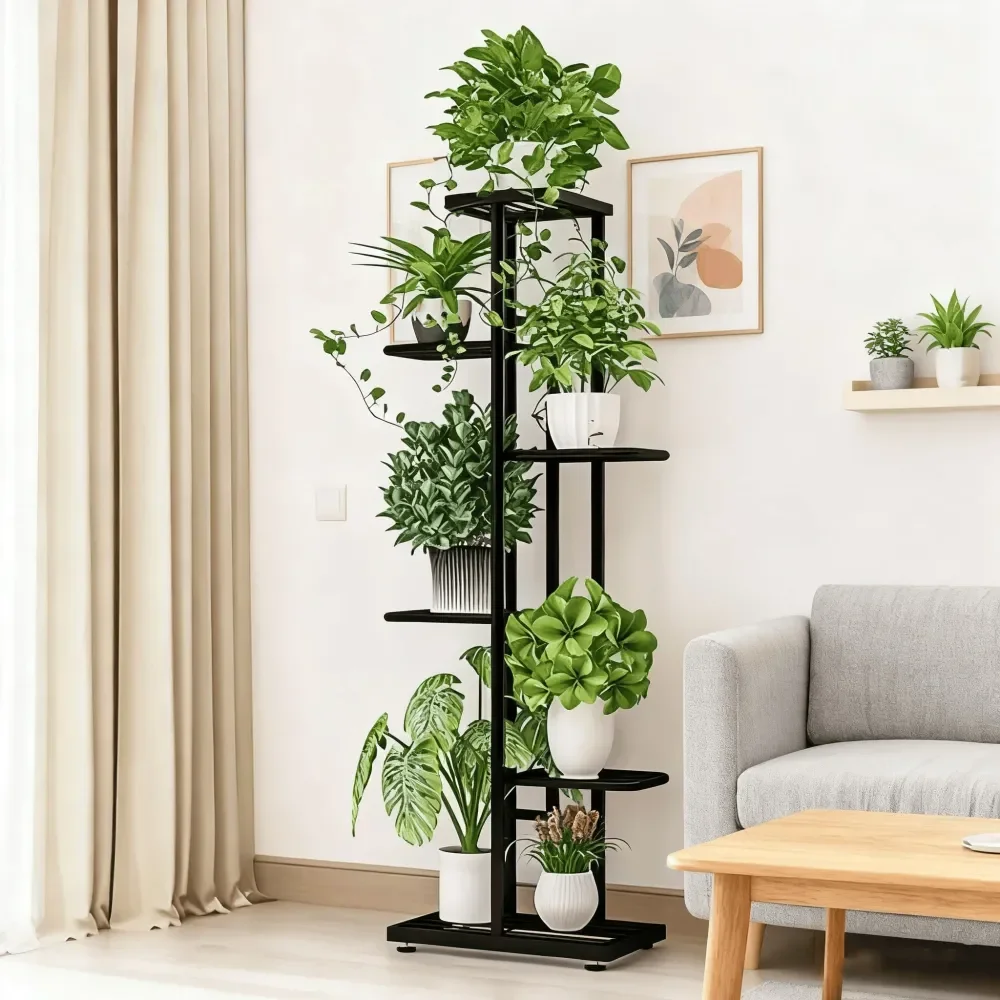 Indoor Outdoor Metal Plant Stand SixTier, SevenPot MultiLevel Flower Rack Features RustProof Spray Coating For Durability And L