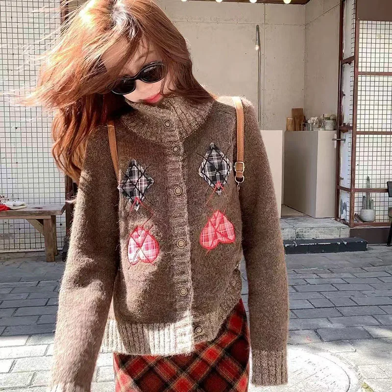 Retro Argyle Women's Turtleneck Knitted Cardigan Autumn Single Breasted Youthful Sweater Coat Female Warm Long Sleeve Outerwear