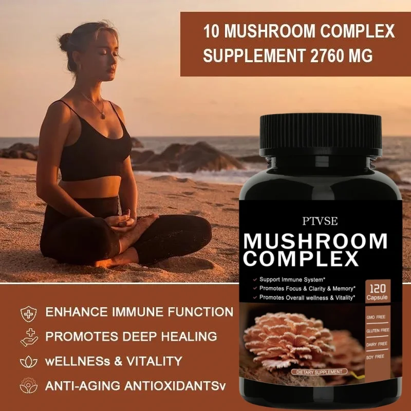 10 Mushrooms Blend Supplement - Lions Mane, Cordyceps,Turkey Tail -Natural Stress & Mood Support Brain, Memory & Focus, Immune