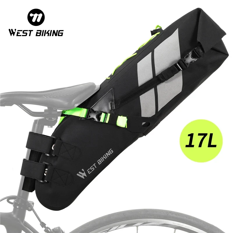 

WEST BIKING 17L Bike Saddle Bag Waterproof Reflective Cycling MTB Trunk Pannier Large Capacity Foldable Tail Rear Bags Black