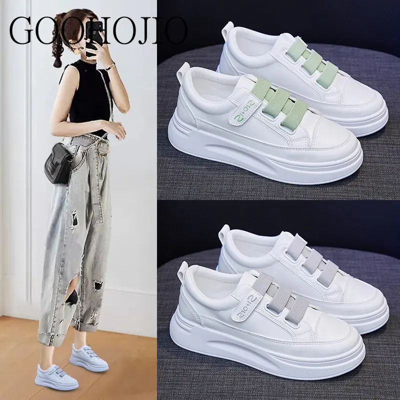 Sneakers College Style White Shoes Women Vulcanize Shoes Light Thick-soled Casual Shoes Hook & Loop Women Comfortable Breathable