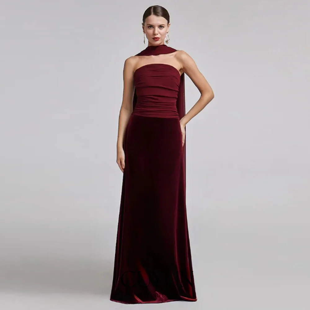 Cuyun vestidos de baile longos de veludo sem alças com cachecol, vestidos de festa femininos personalizados, linha a, vestido de festa de casamento para dama de honra