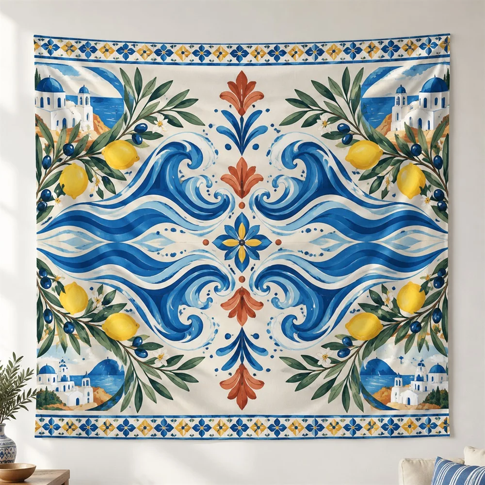 VIKAMA Wave Pattern Tiles Mirror Symmetric Tapestry Wall Hanging, Mediterranean Wall Decor Tapestries for Living Room Bedroom