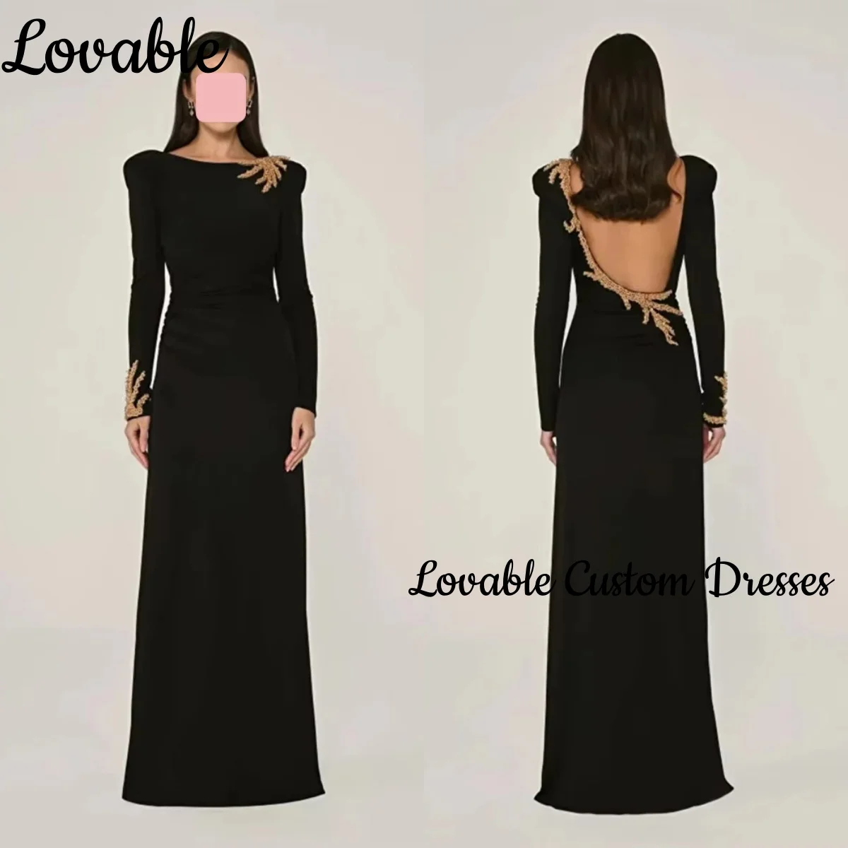 

A-Line Dresses For Prom Scoop Neckline Floor-Length Beadings Luxury Evening Dresses Zipper Up Long Sleeves Formal Occasion Dress