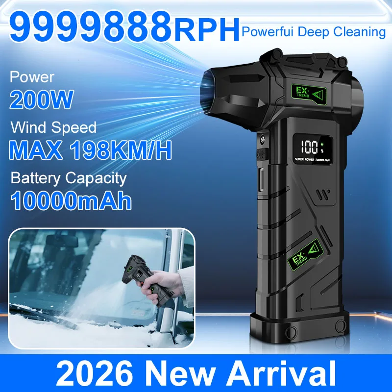 Tragbarer Turbo-Ventilator 198 km/h Luftgeschwindigkeit 4-Gang-Steuerung Eingebaute Powerbank Für Auto Schneeräumung Camping Elektronische Staubentfernung