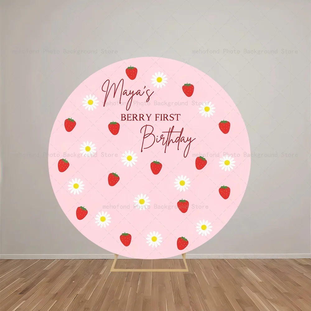 Mehofond Customized Name Strawberry Girl Heart Pink Birthday Shower Round Cover Elastic Floral Decor Cylinders Plinth Background