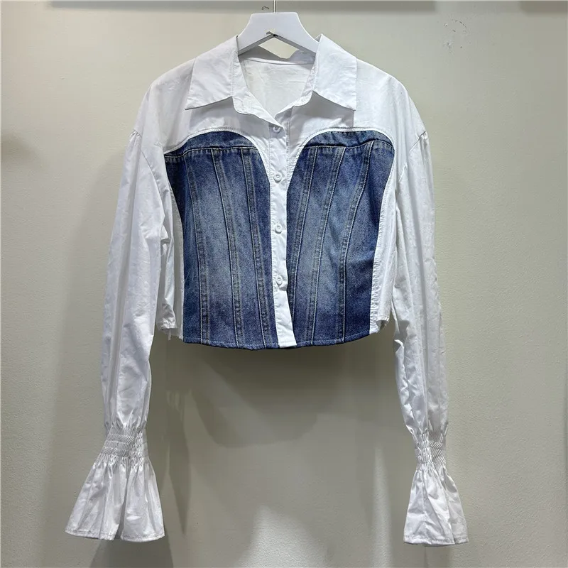 

Рубашка, короткий топ, женская джинсовая лоскутная верхняя рубашка с расклешенными рукавами, однобортный отложной воротник, офисные женские топы, осень 2025 г.