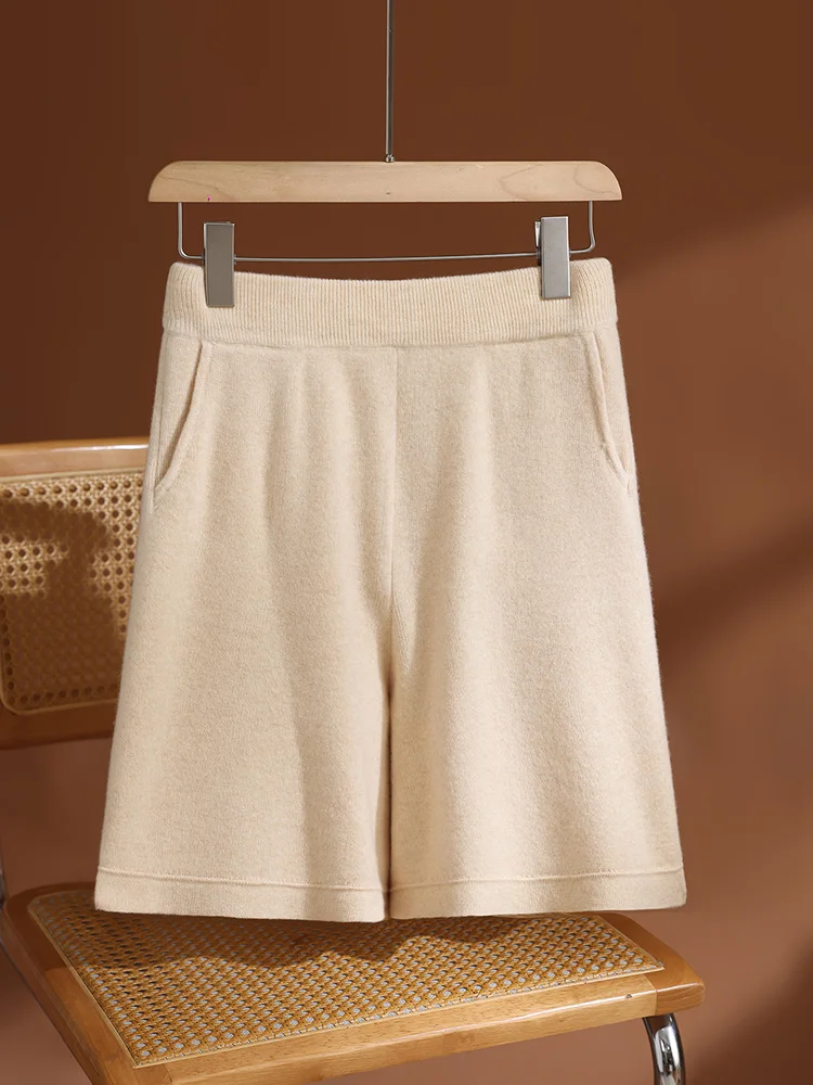 Autumn Winter Women Wool Shorts Elastic Waist Casual Basic Straight Shorts 100% Merino Wool Knitted Fit Pocket Solid Short Pants - Image 2