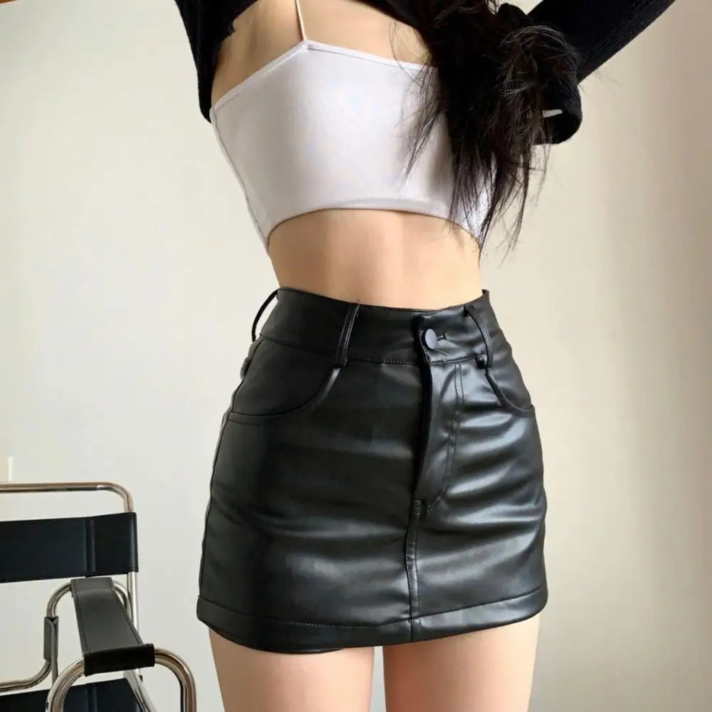 

High-waisted Skirt Stylish Faux Leather High Waist Mini Skirt with Pockets Women's Hip Wrapped Buttoned Short Skirt for A Trendy