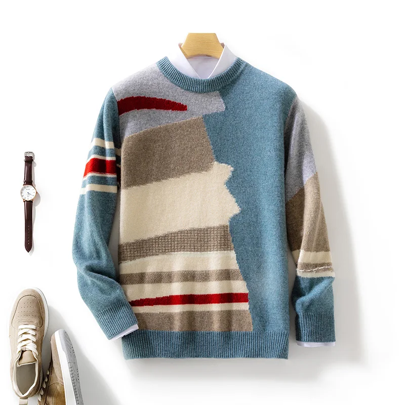 New Men 100% Pure Cashmere Wool Soft Sweater O-neck Irregular Splicing Pullover Autumn Winter Casual Thick Basis Large Size Top