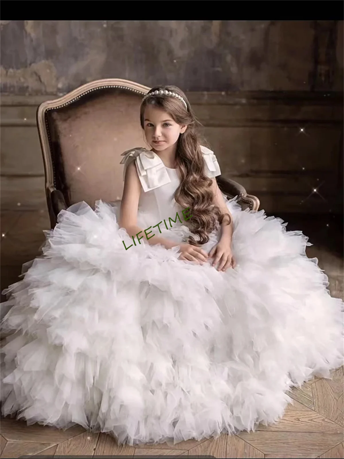 White Tulle Puffy Flower Girl Dress For Wedding Short Sleeve Applique Butterfly Child's First Eucharistic Birthday Party Dress