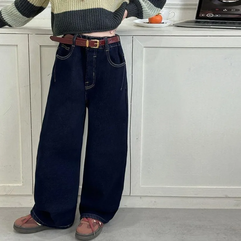 Girls' Velvet Jeans Narrow Wide Leg Pants Winter 2024 New Dark Blue Straight Leg Casual Floor Pants