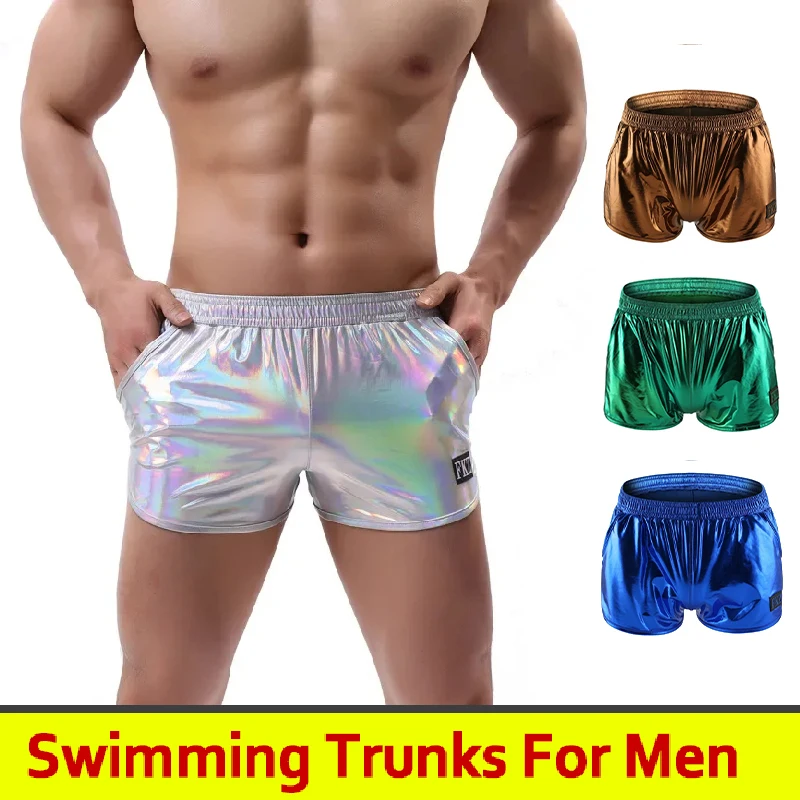 

Mens Board Shorts Swimming Trunks Low Rise Low Waist Flash Bikini Swimwear Faux Leather Beachwear Surfing Pants