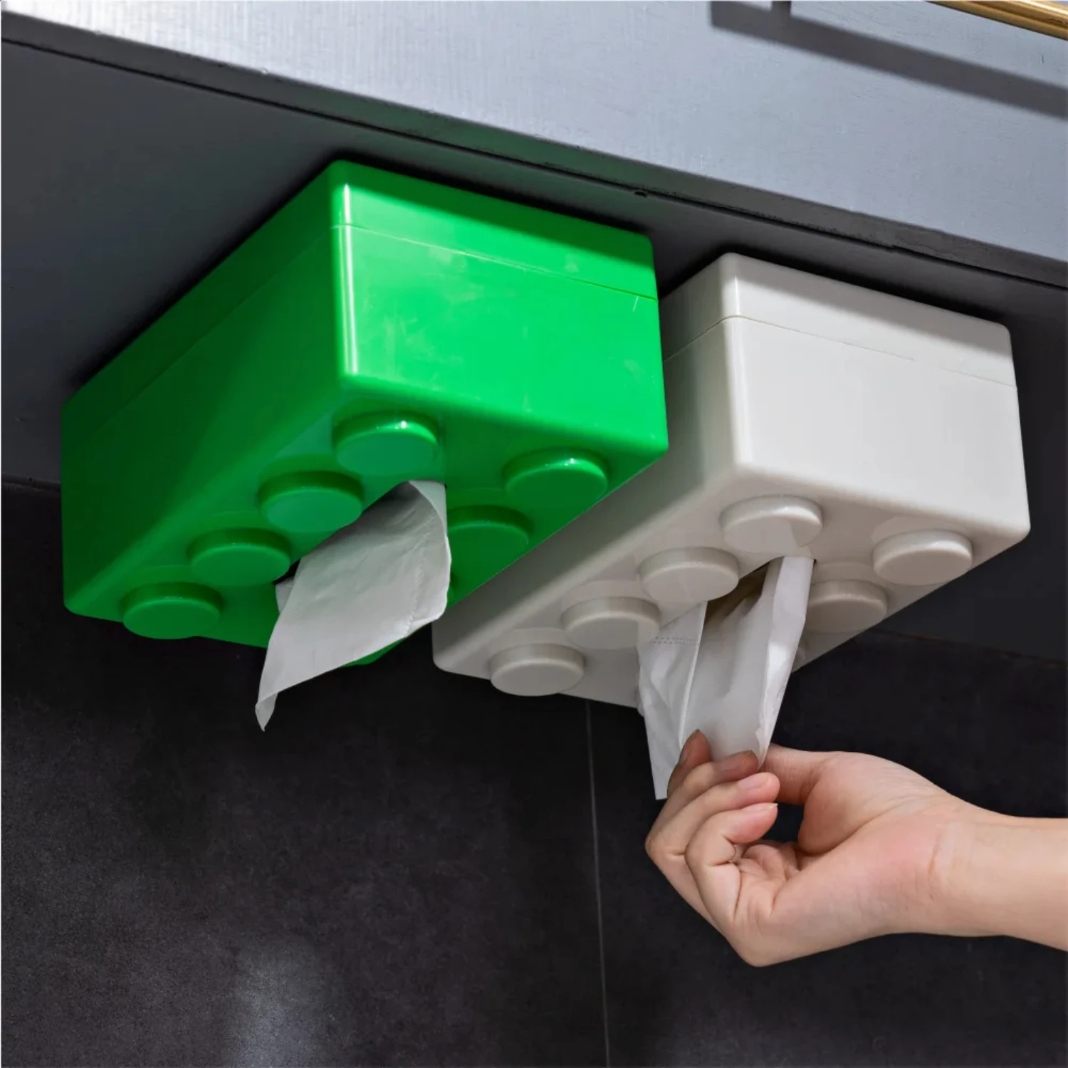 Personalized Household Building Block Wall-mounted Punch-free Tissue Box - Spring Paper Holder for Face Towels and Paper Shelf