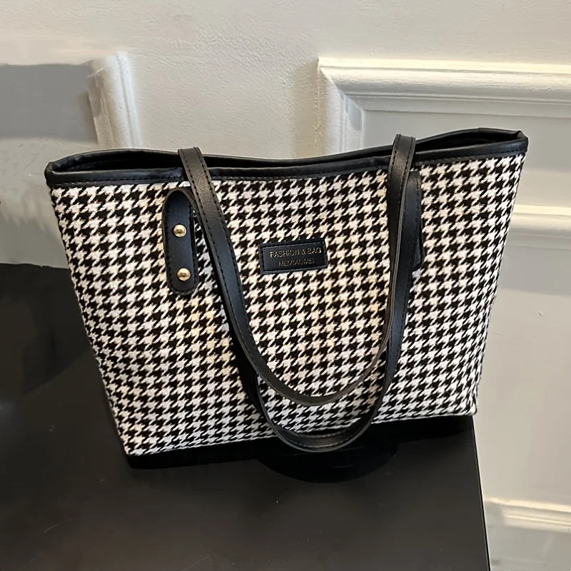 Lässige Tragetasche mit Hahnentrittmuster, Große Schultertasche mit Braunen Lederriemen, Vielseitig für Alltag und Ausflüge – Detail 7