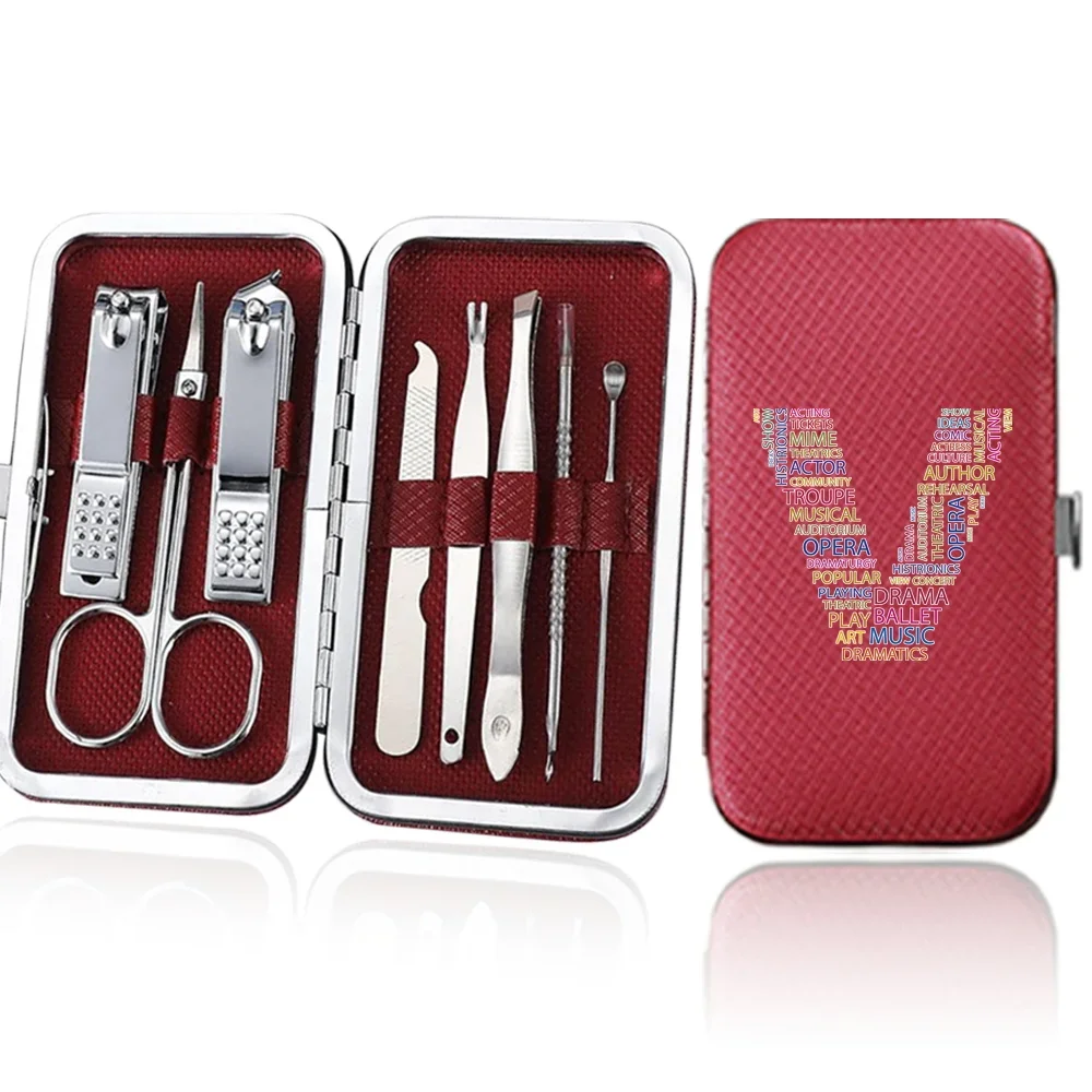 8Pcs Manicure Cutters Set Stainless Steel Nail Clipper Organizer Pedicure Tools Kit Trimmer PU Portable Case Text Letter Pattern