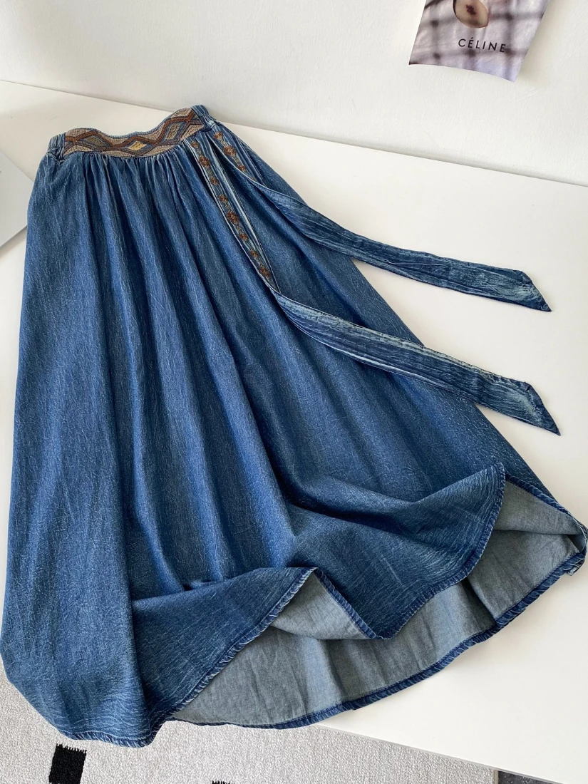 

Foamlina Синяя джинсовая юбка для женщин в винтажном стиле с вышивкой, эластичной резинкой на талии и карманами, дизайнерская летняя юбка трапециевидной формы миди до икры