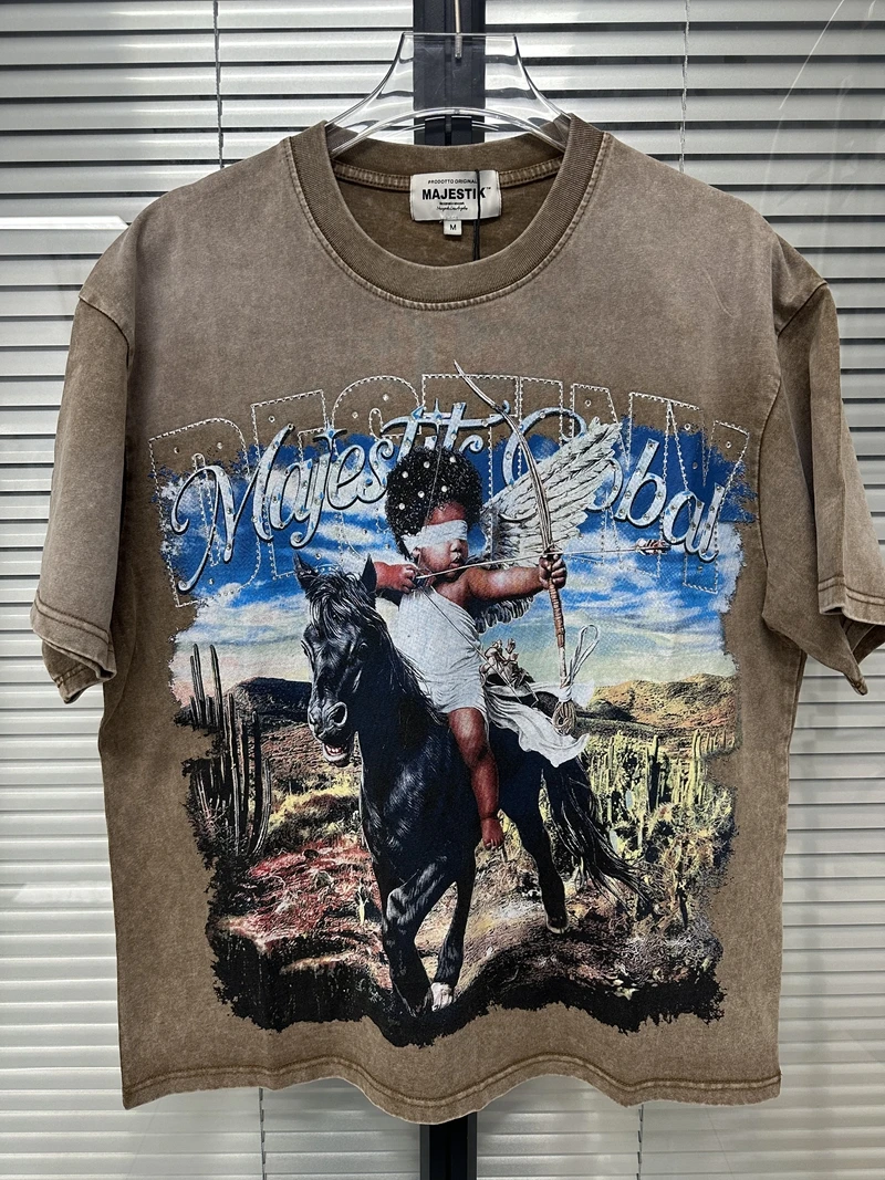 Desert Cupid Horse Grafik-T-Shirt für Herren, Vintage Washed Strass-T-Shirt, lässige Oversize-Baumwoll-Distressed-Tops, Streetwear – Detail 2