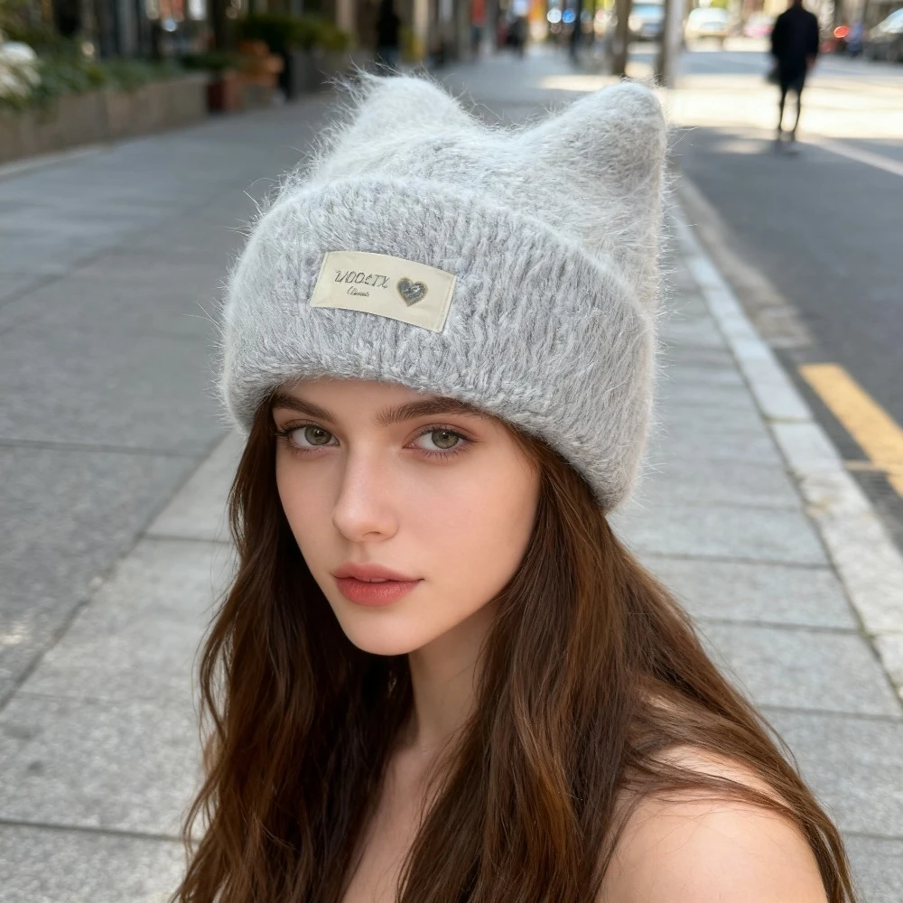 หมวกไหมพรมขนกระต่ายแองโกร่าสำหรับผู้หญิงฤดูหนาว กันหนาว อุ่น หูแมว น่ารัก ​