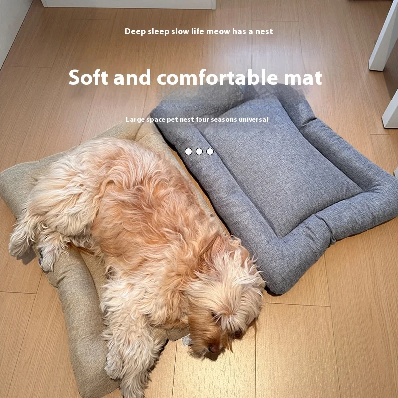 

Квадратная кровать для собак, всесезонная кровать для домашних животных, кровать для кошек, летний дышащий коврик из хлопка и льна для домашних животных