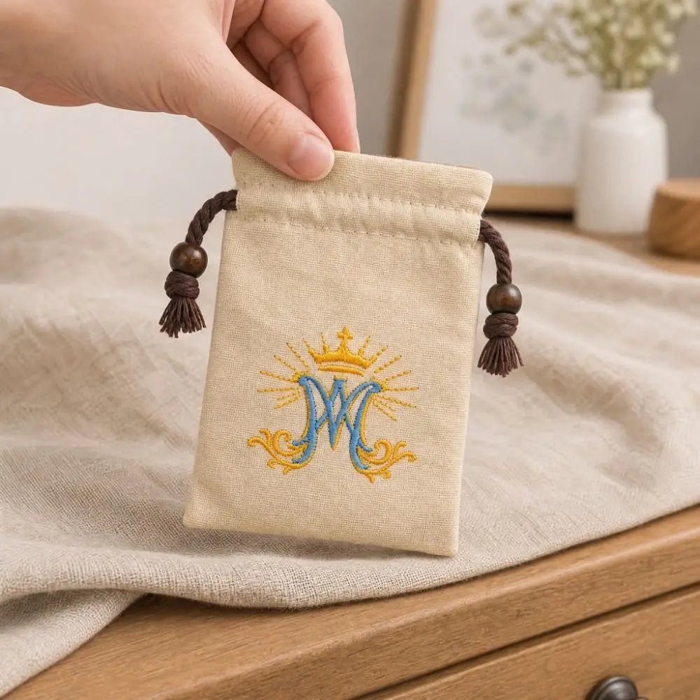 Ave Maria Monogram Catholic Rosary Drawstring Pouch Cotton Canvas Reusable Prayer Beads Storage Bag Durable Soft Lined