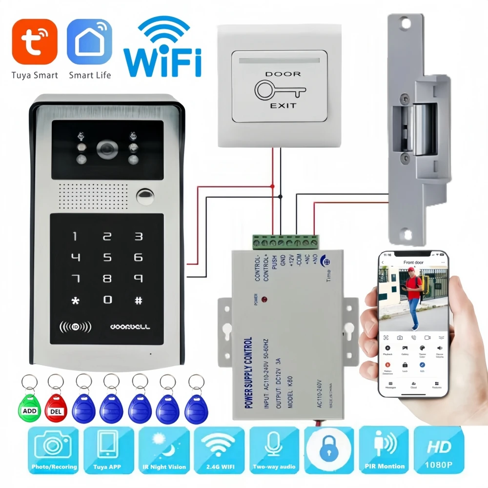 Tuya Smart Wifi Video Door Phone Intercom System 1080P Wireless Outdoor WIFI Doorbell Camera Keypad RFID Cards for Apartment