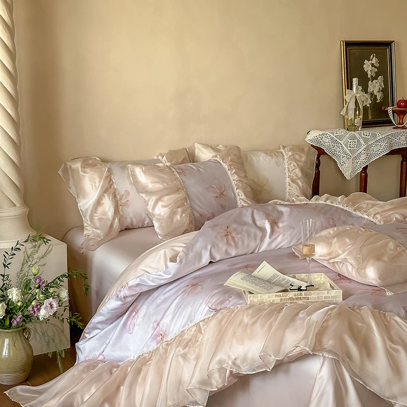 Organza Pleated Lace Edge Floral Butterfly Prints Princess Bedding Set 1000TC Egyptian Cotton Duvet Cover Bed Sheet Pillowcases