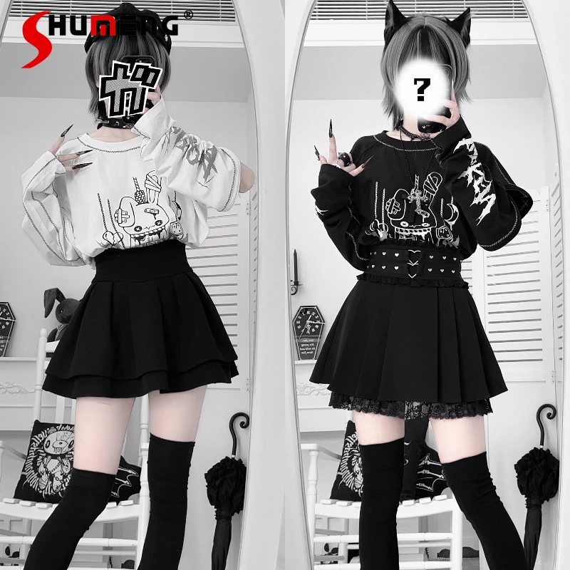 

Japanese Original Style Lace Dark Long Sleeves T-shirt Zipper Reverse Thread Short Sleeved Loose Cartoon Top Tees For Ladies