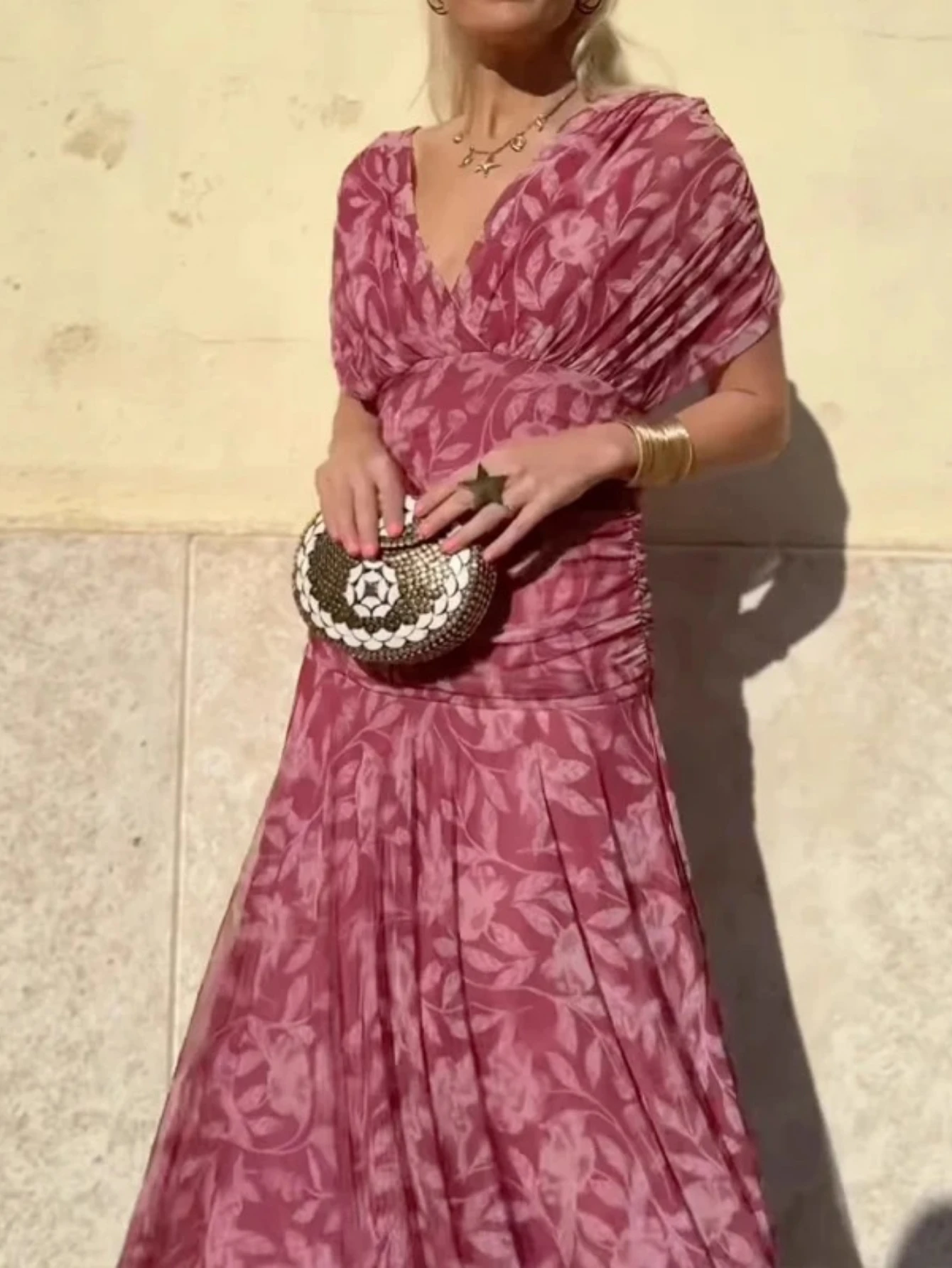 

Женское вечернее платье с рукавами «летучая мышь», коктейльное платье с низкой горловиной, с цветочным принтом, с завышенной талией, плиссированное, элегантное