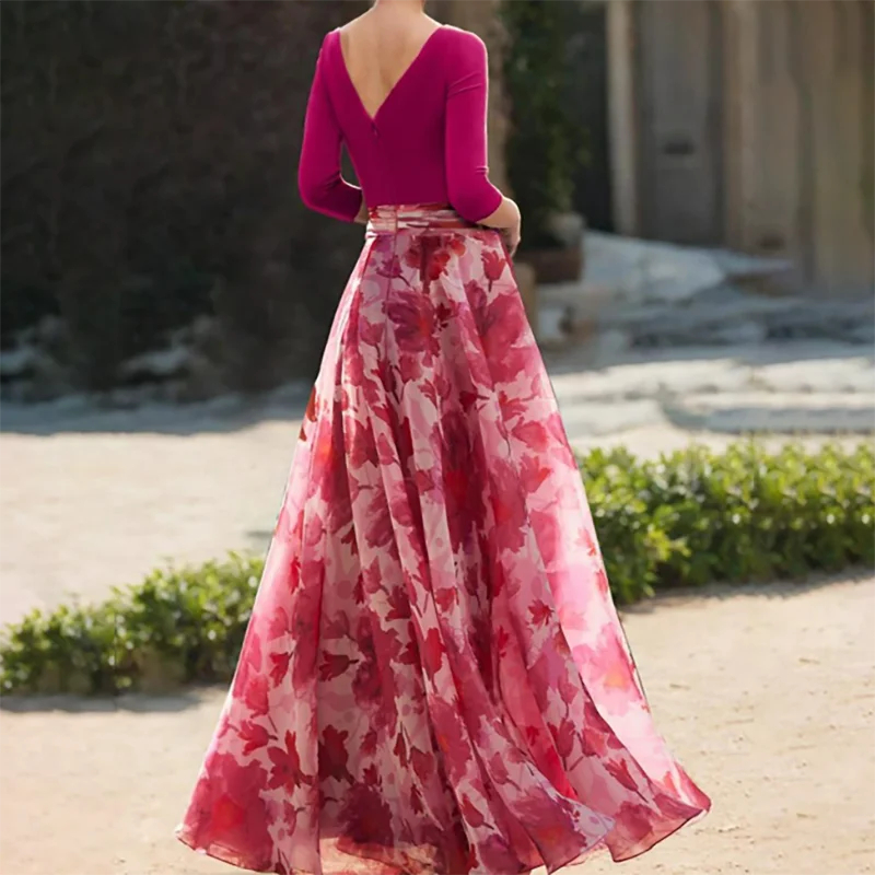 2025 Evening Dresses For Gala A-Line Prom Dress For Women Floral V Neck Floor Length Chiffon 3/4 Sleeve Cocktail Party Dresses