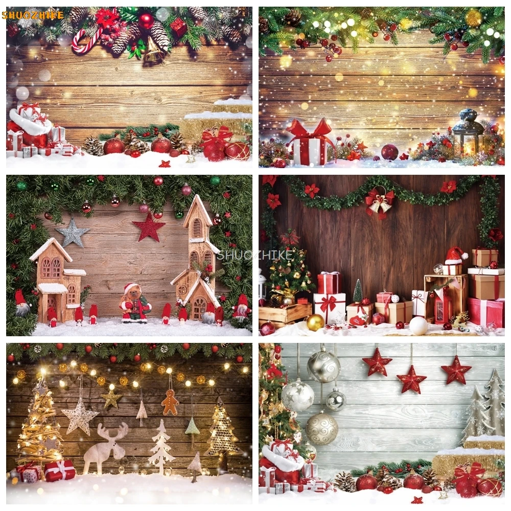 

Christmas Wood Backdrop Rustic Wooden Board Wall Gift Xmas Tree Snowflake Bells Winter Family Party Photography Background Decor