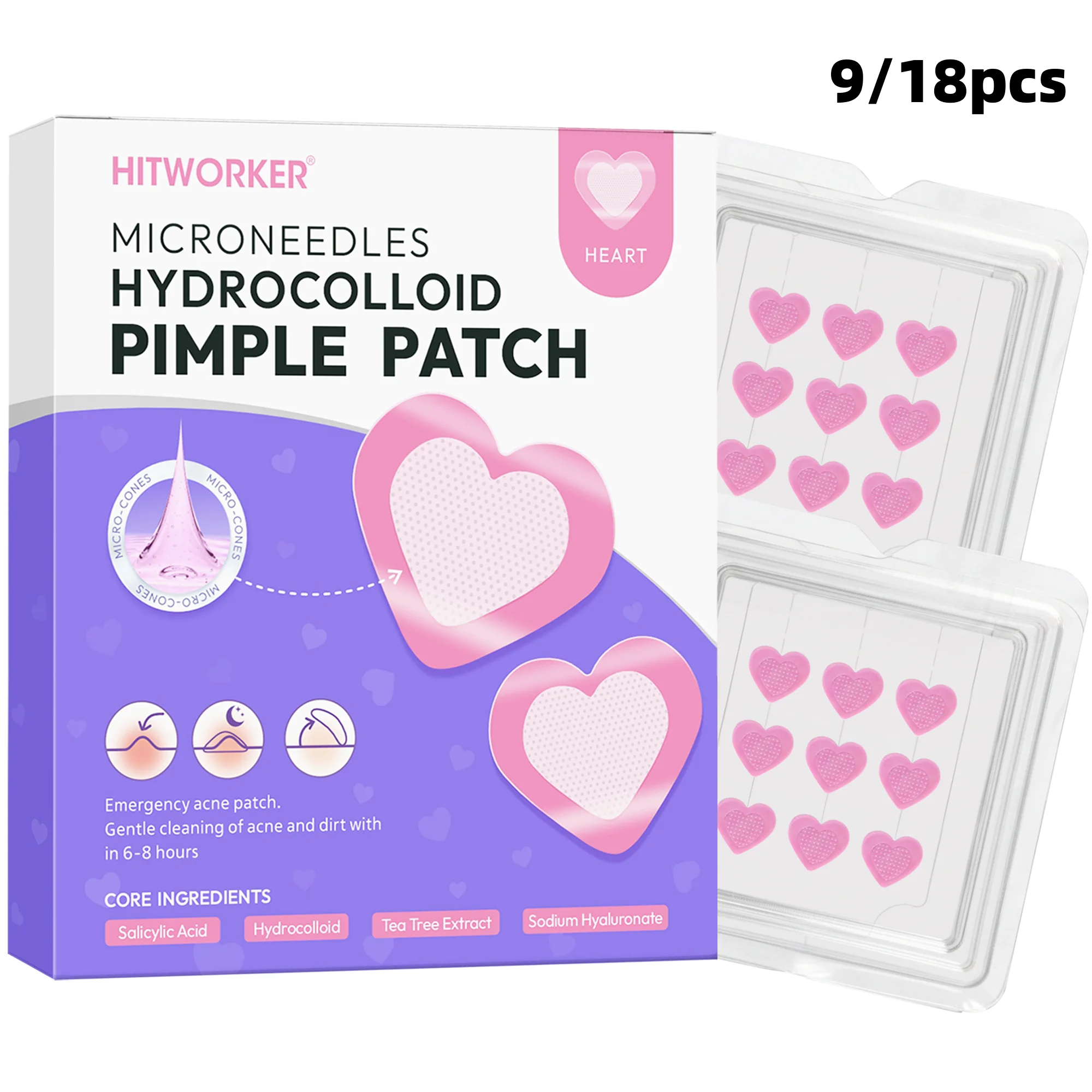 Pink Heart Acne Patches 9/18pcs, Cute Pimple Stickers for Face, Covers & Conceals Spots, Cleanses Skin, Great Gift for Women
