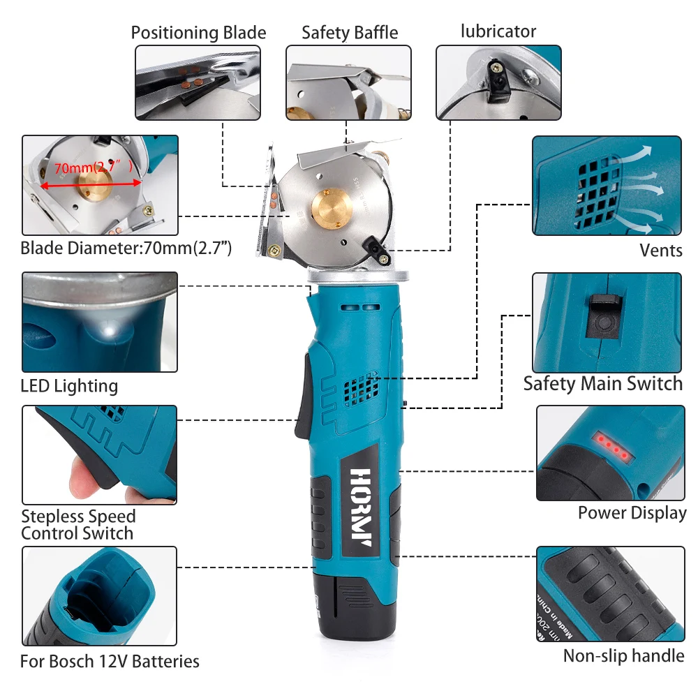 Hormy 12V Cordless Electric Scissors Shear Cloth Knife Fabric Cutting Tool Rechargeable Sewing Handheld Scissor Tailor Cutter